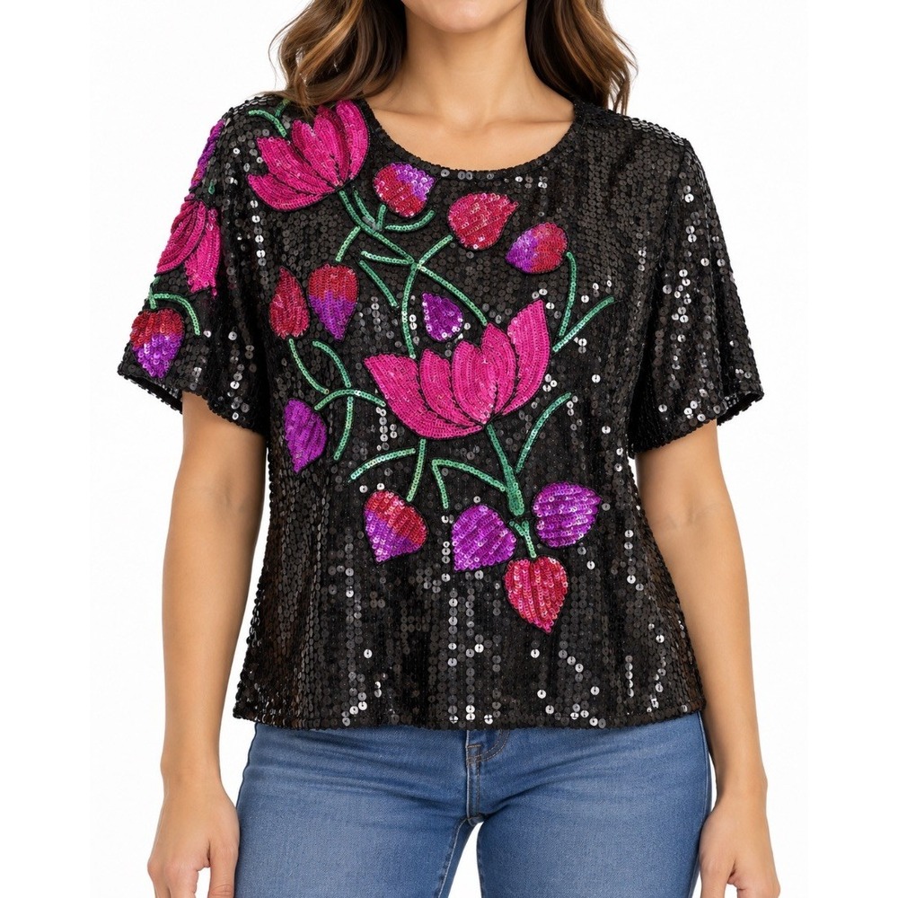 Royal Collections Womens Black Sequin Floral Silk Beaded Top Blouse Size M